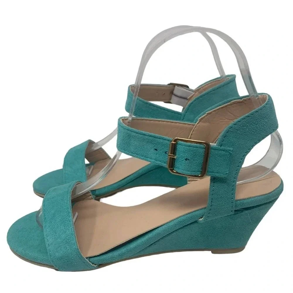 Unbranded Teal Faux Suede Low Wedge Ankle Strap Sandals Size 38 Turquoise
